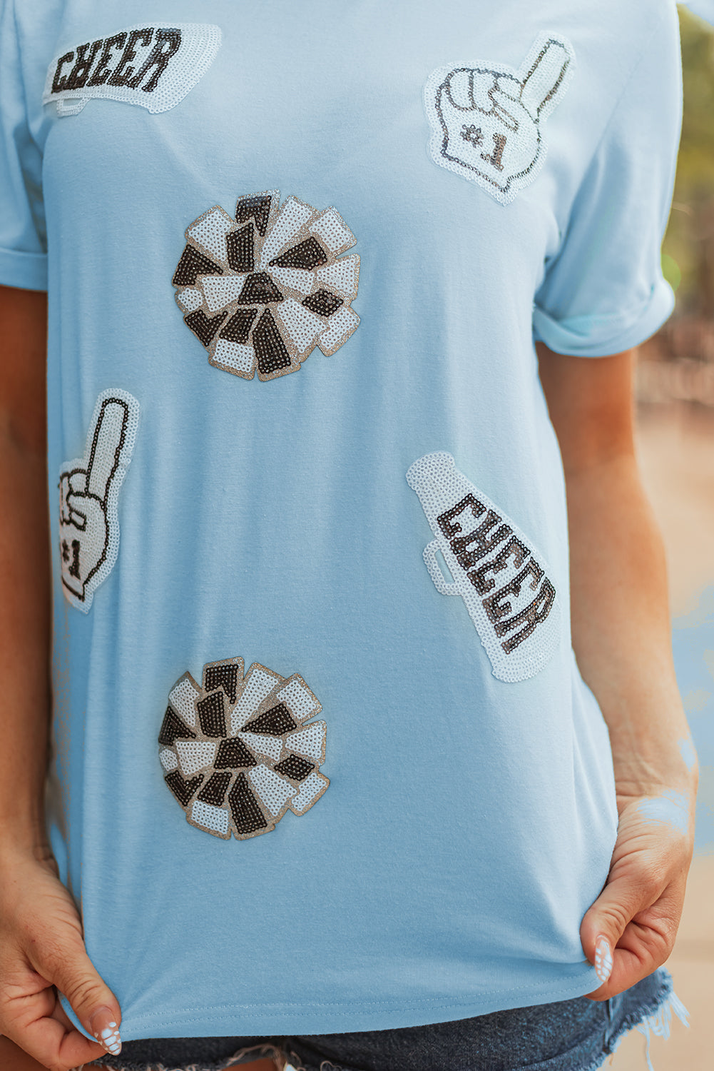 Light Blue Sequin Patched Cheer Game Day T-Shirt