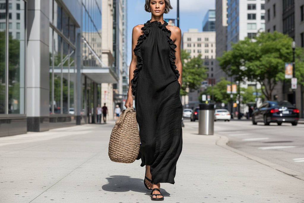 Women's Black Ruffled Halterneck Sleeveless Maxi Dress - Image 2