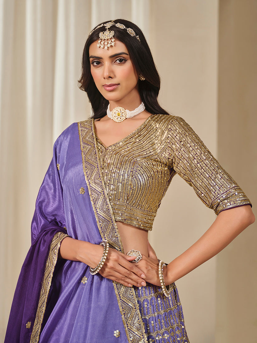 Monjolika Fashion Violet Chinon Silk With Embroidered, Sequins, Thread And Zari Work Lehenga Choli