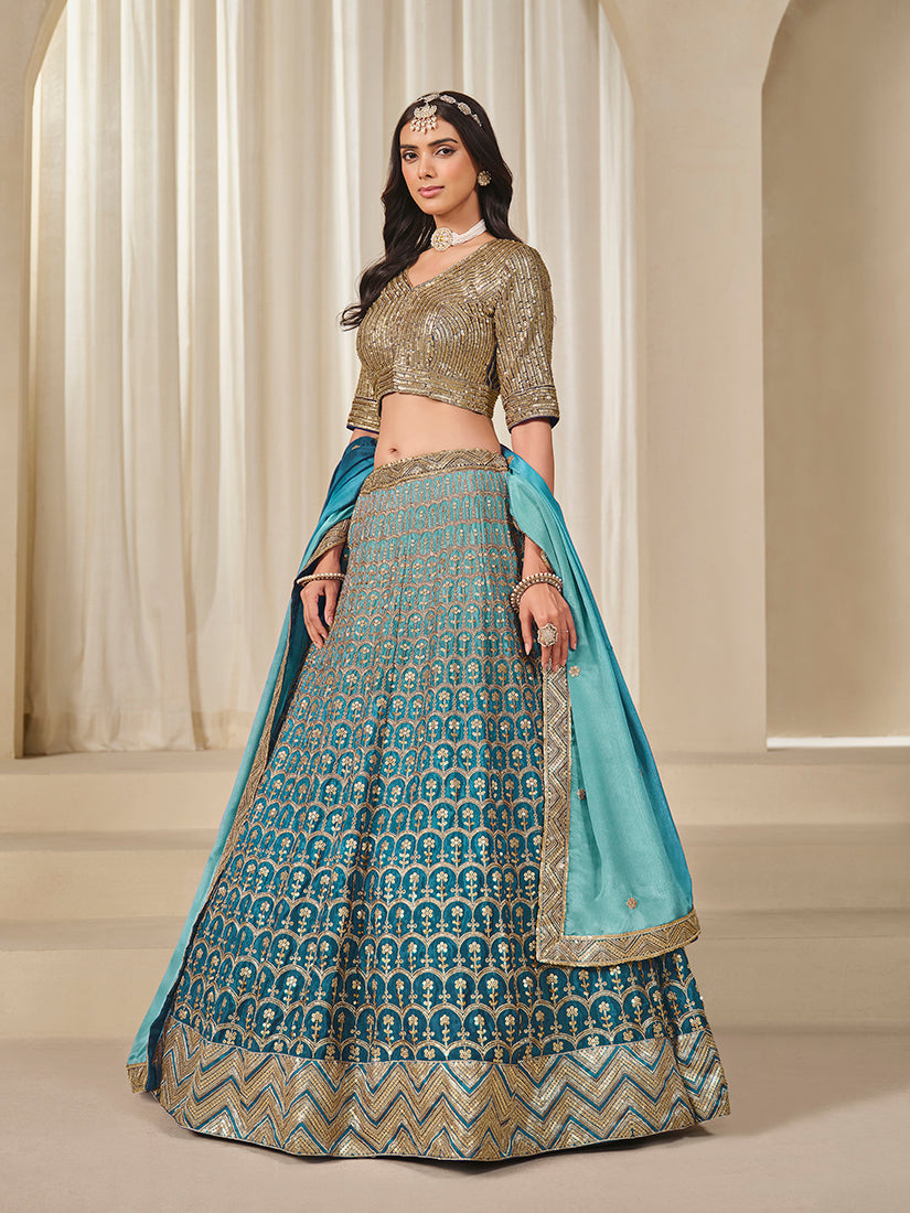 Monjolika Fashion Firozi Chinon Silk With Embroidered, Sequins, Thread And Zari Work Lehenga Choli