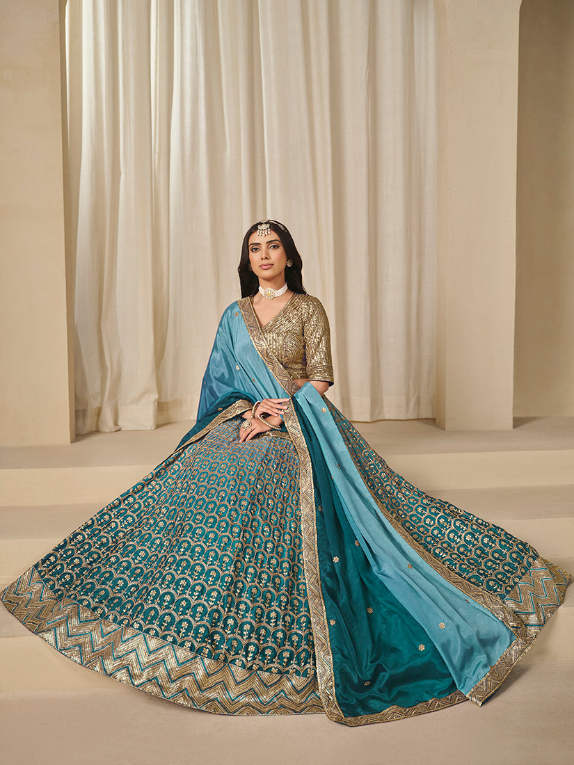 Firozi Chinon Silk Lehenga Choli with Zari and Sequins Work