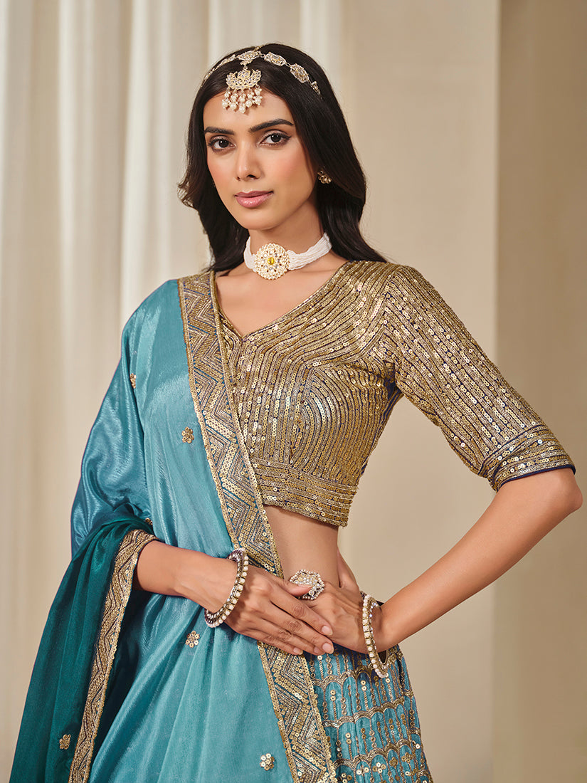 Firozi Chinon Silk Lehenga Choli with Zari and Sequins Work