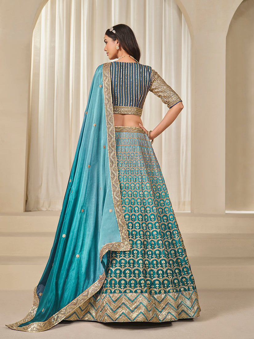 Firozi Chinon Silk Lehenga Choli with Zari and Sequins Work