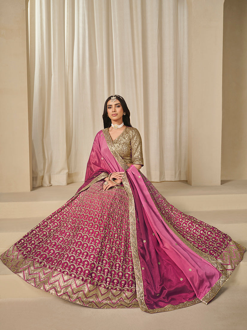 Monjolika Fashion Hot Pink Chinon Silk With Embroidered, Sequins, Thread And Zari Work Lehenga Choli