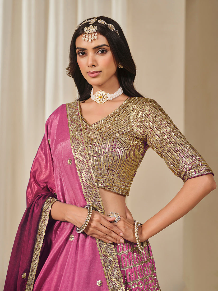 Monjolika Fashion Hot Pink Chinon Silk With Embroidered, Sequins, Thread And Zari Work Lehenga Choli