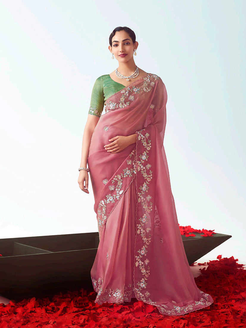 Monjolika Fashion pink ceremonial designer saree with intricate embroidery and cutwork detailing