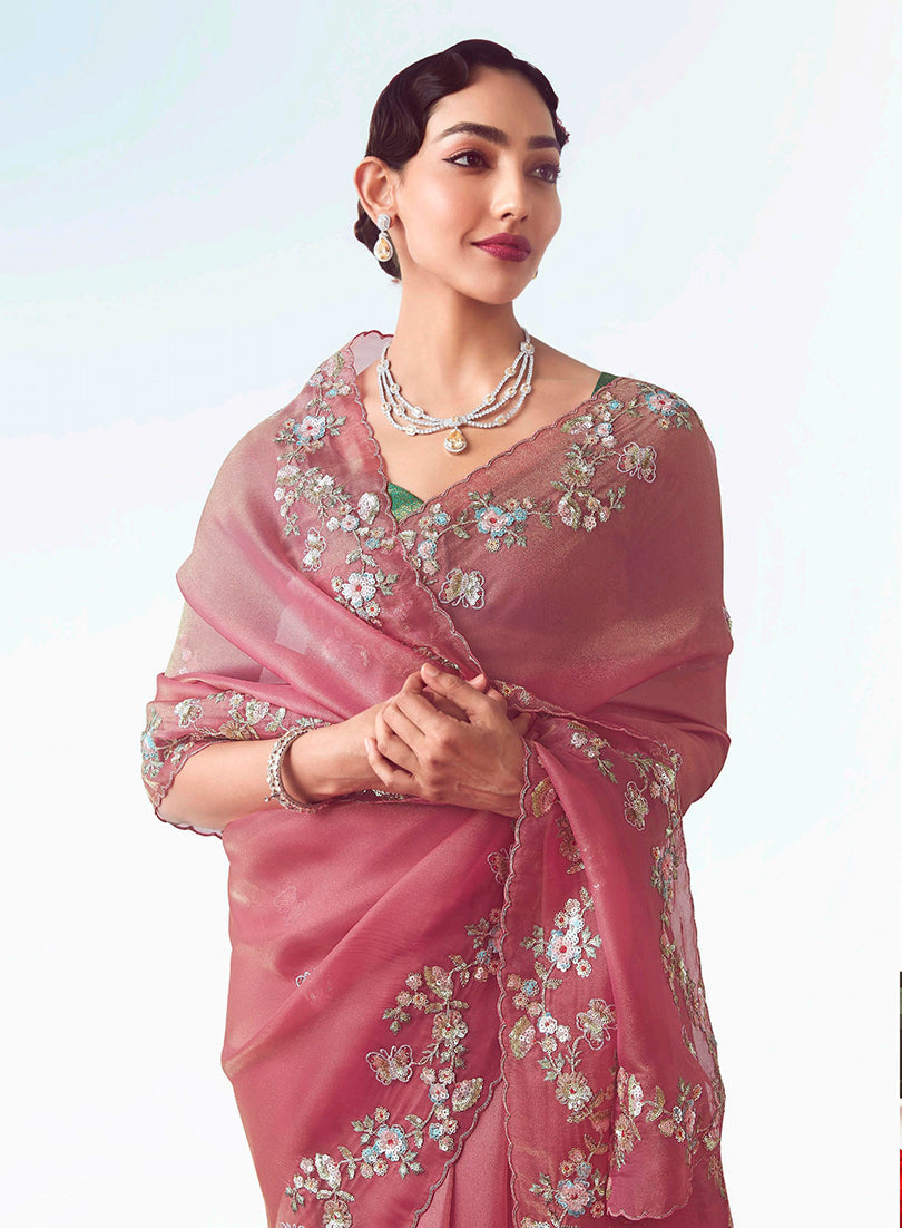 Pink Embroidered Cut Work Fancy Fabric Designer Ceremonial Saree