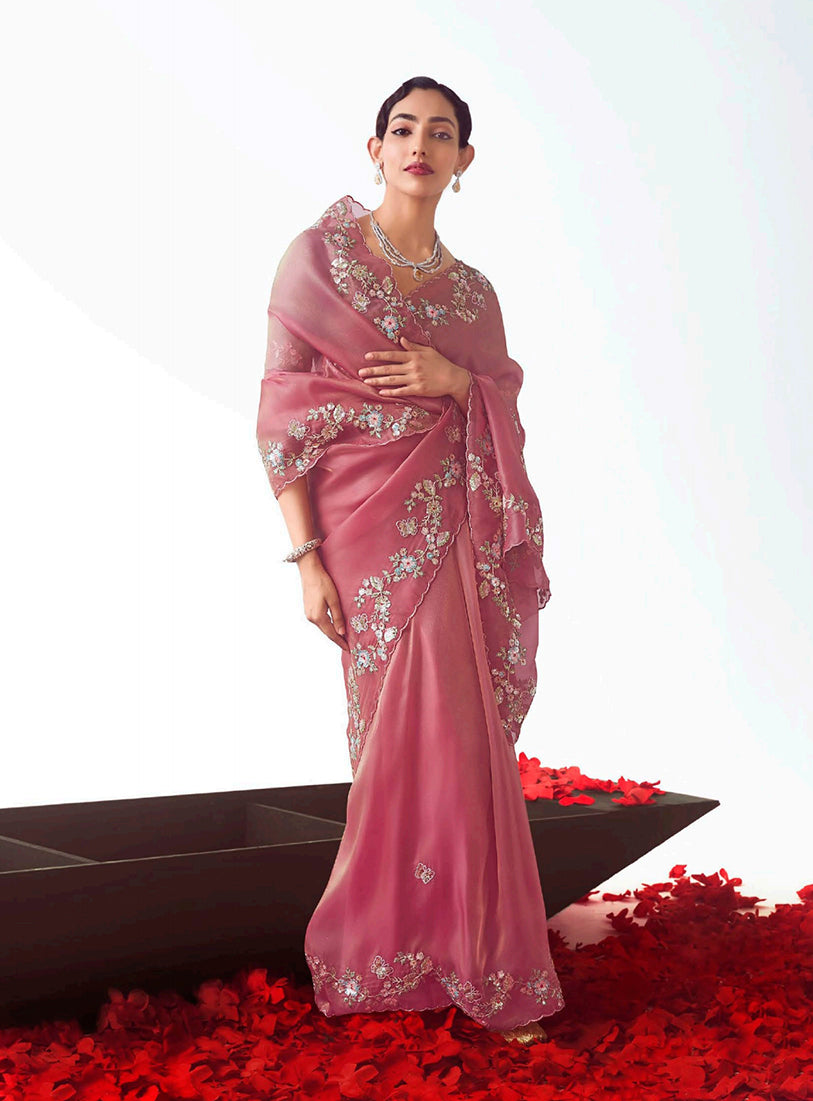 Pink Embroidered Cut Work Fancy Fabric Designer Ceremonial Saree