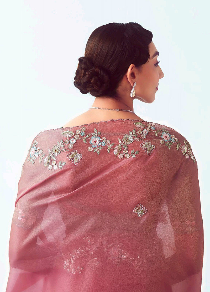 Pink Embroidered Cut Work Fancy Fabric Designer Ceremonial Saree