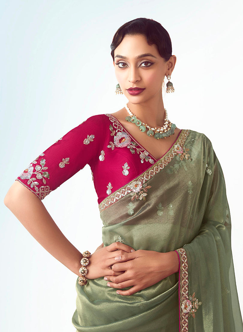 Sage Green Embroidered Cut Work Fancy Fabric Designer Saree
