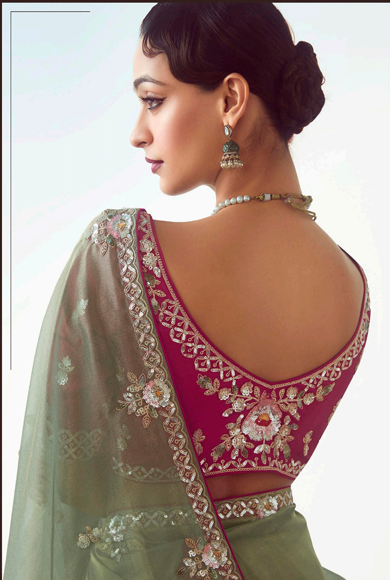 Sage Green Embroidered Cut Work Fancy Fabric Designer Saree