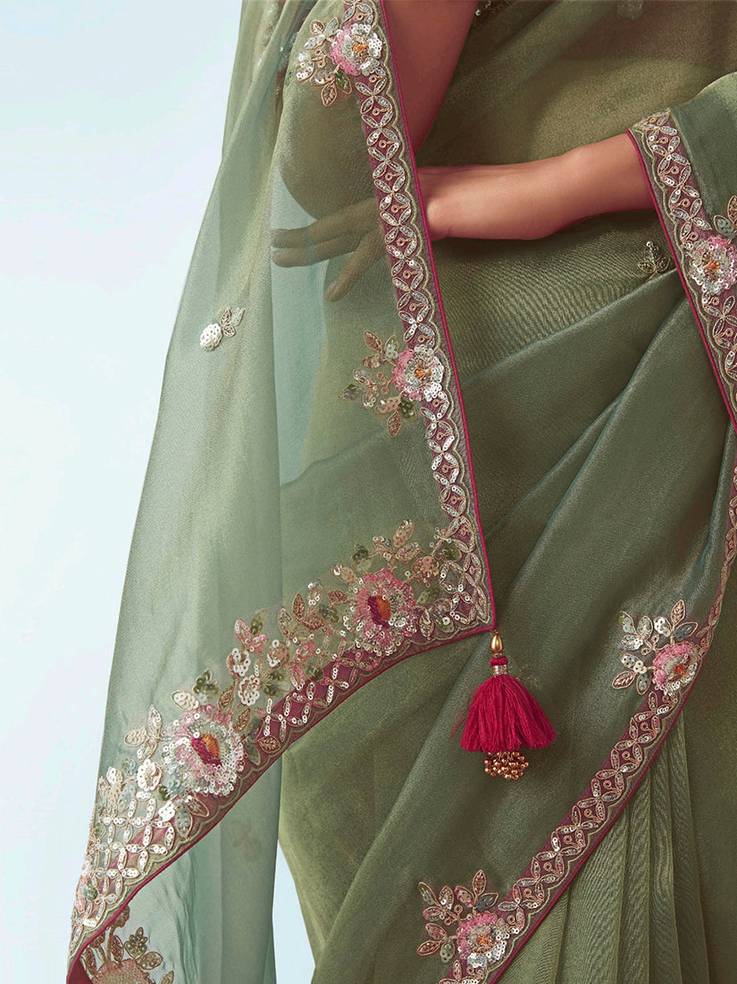 Sage Green Embroidered Cut Work Fancy Fabric Designer Saree