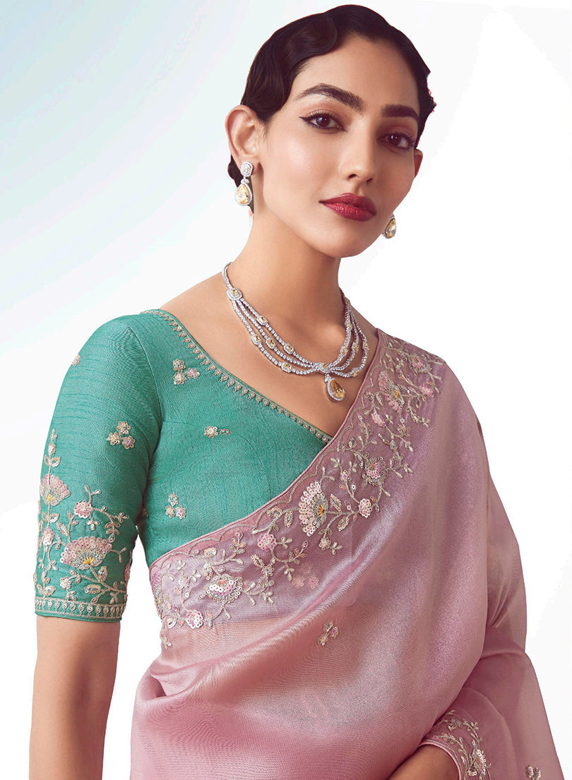 Light Pink Embroidered Cut Work Fancy Fabric Designer Saree