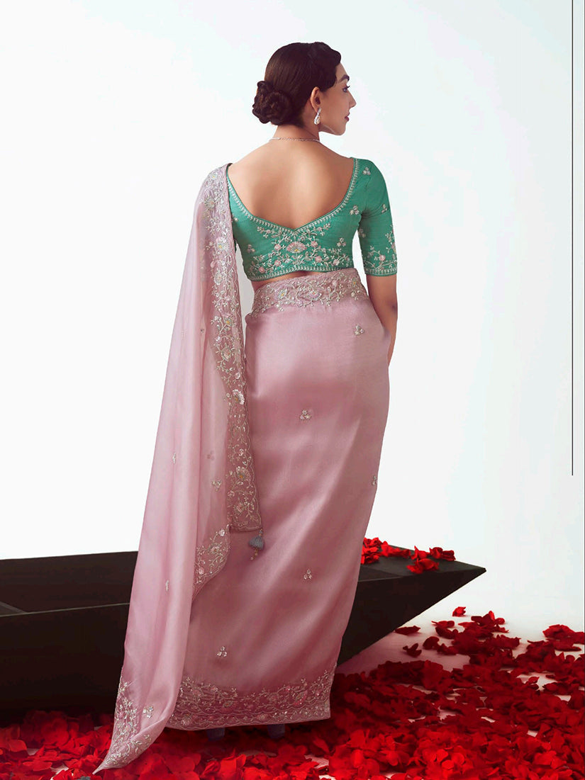 Light Pink Embroidered Cut Work Fancy Fabric Designer Saree