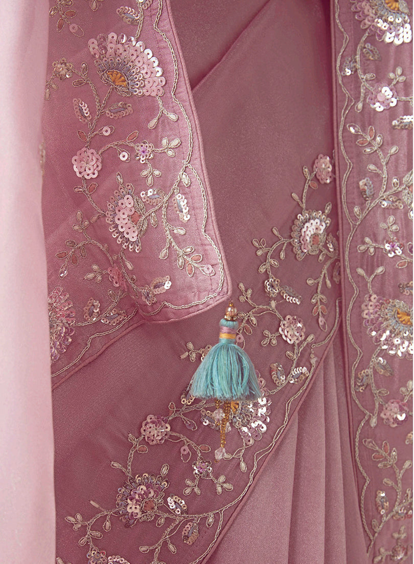 Light Pink Embroidered Cut Work Fancy Fabric Designer Saree