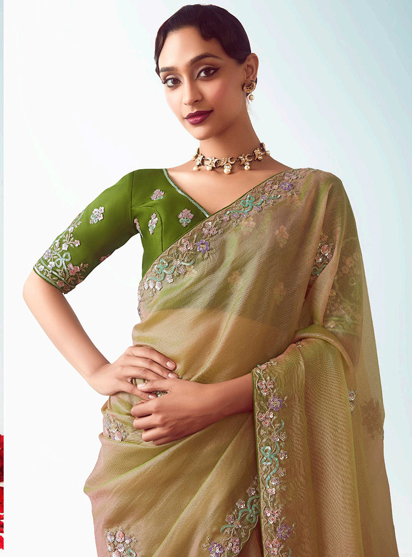 Beige Embroidered Cut Work Fancy Fabric Designer Saree