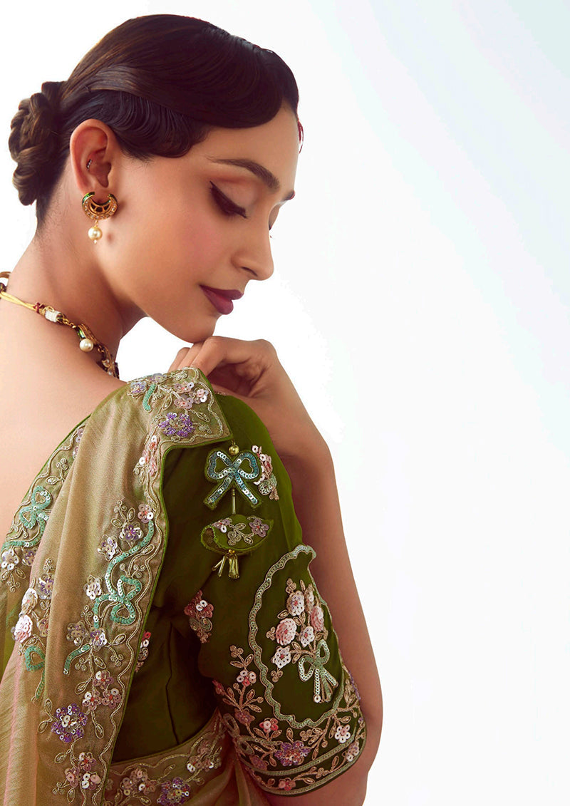 Beige Embroidered Cut Work Fancy Fabric Designer Saree