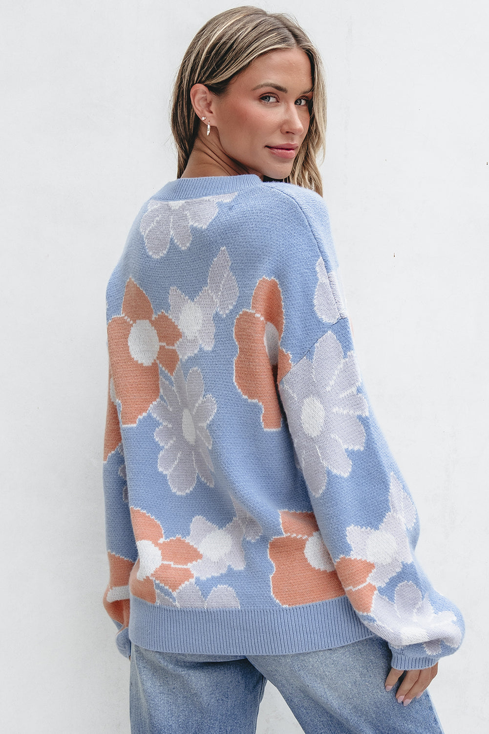 Zelda Floral Drop Shoulder Knit Sweater in Blue - Image 2