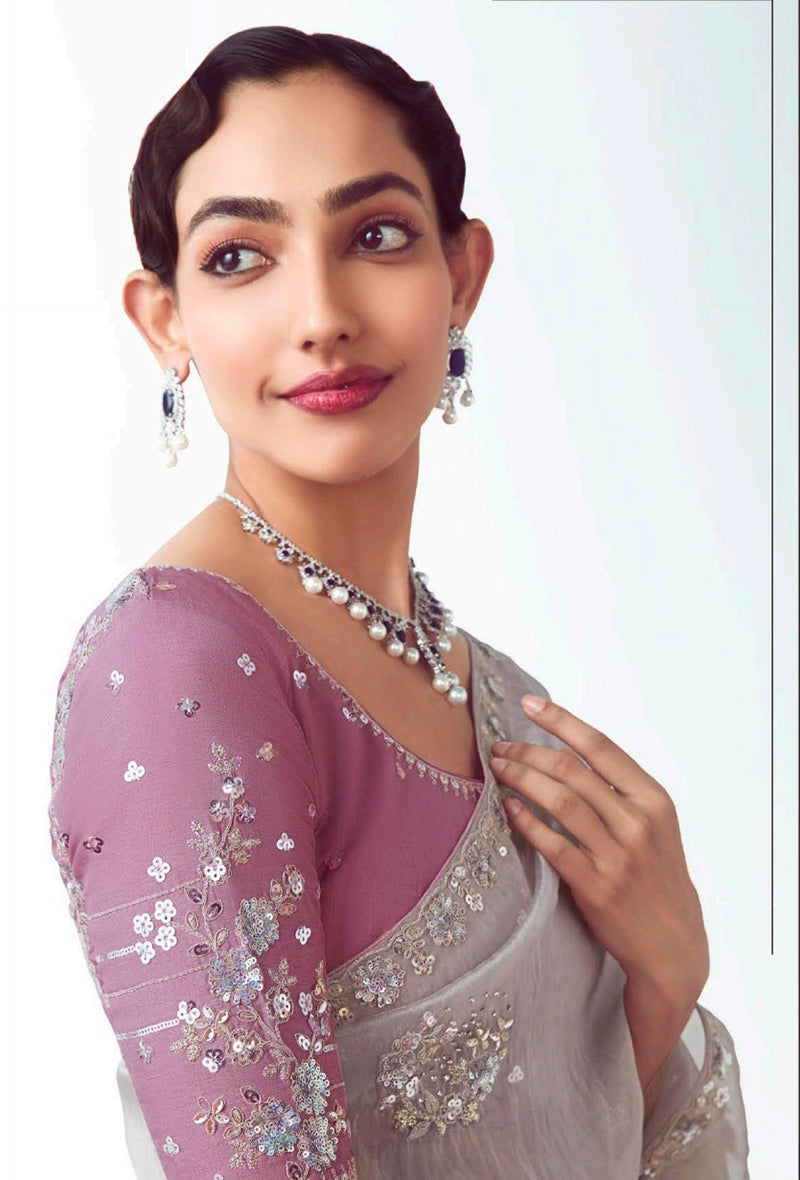 Grey Embroidered Cut Work Fancy Fabric Ceremonial Designer Saree