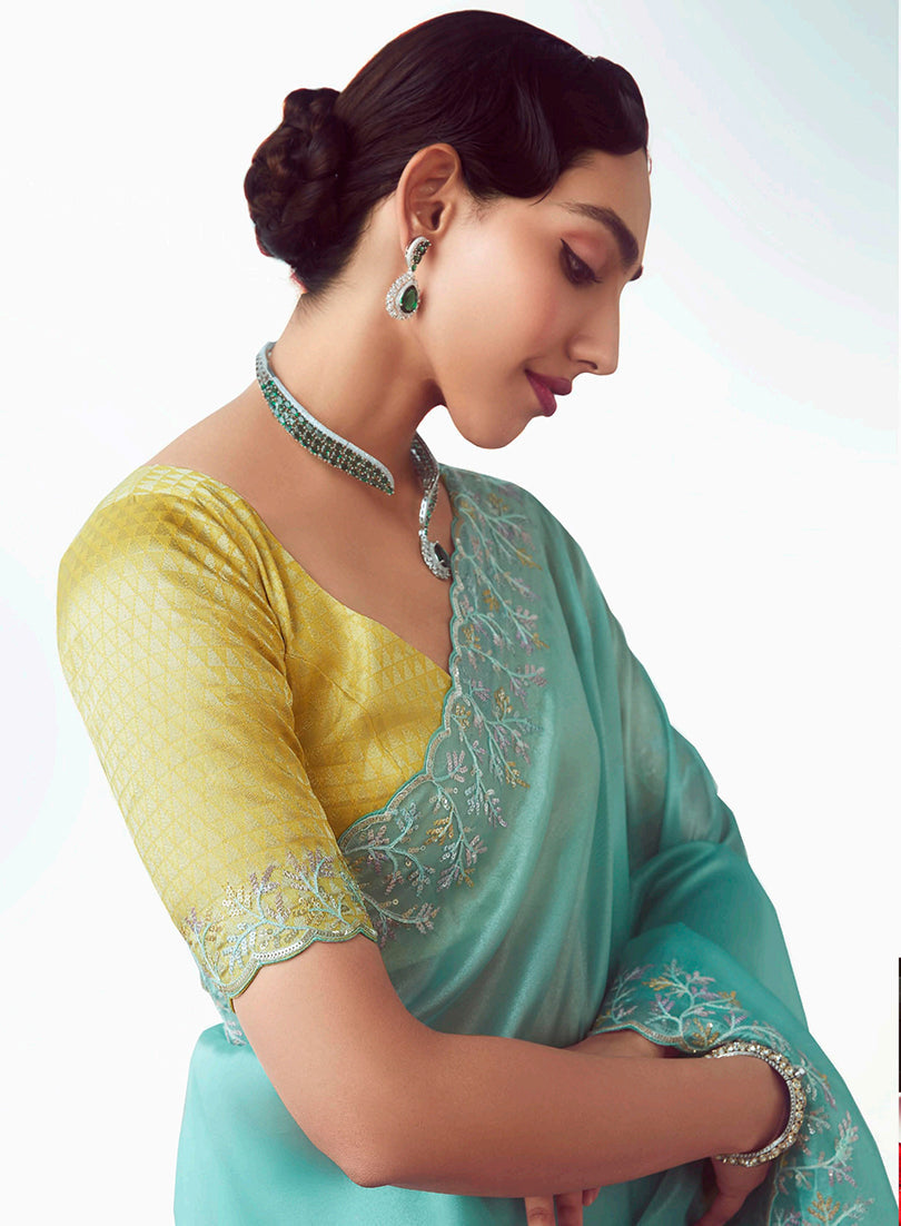 Aqua Blue Embroidered Cut Work Fancy Fabric Designer Saree