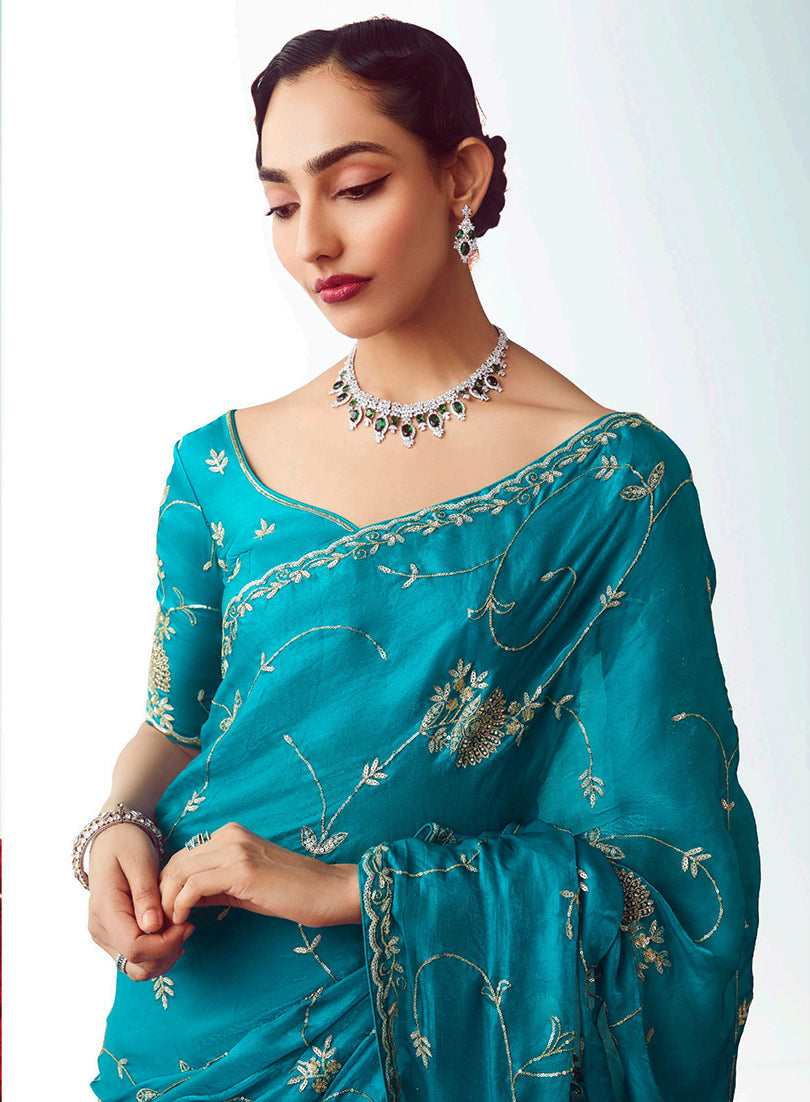 Turquoise Blue Embroidered Cut Work Saree for Ceremonies