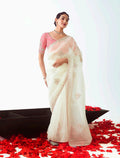Pristine white designer saree with intricate cut-work embroidery