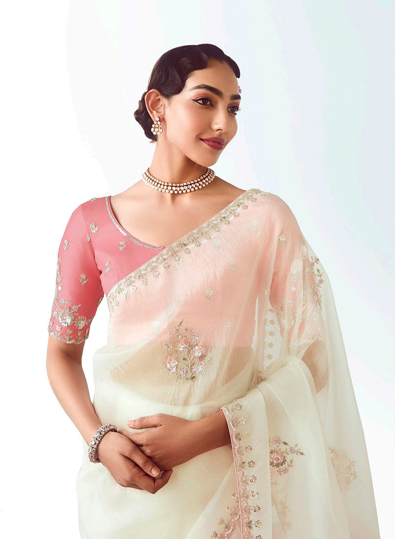 White Embroidered Cut Work Saree for Elegant Ceremonial Wear