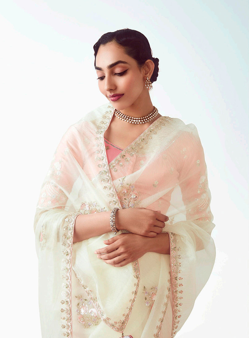 White Embroidered Cut Work Saree for Elegant Ceremonial Wear