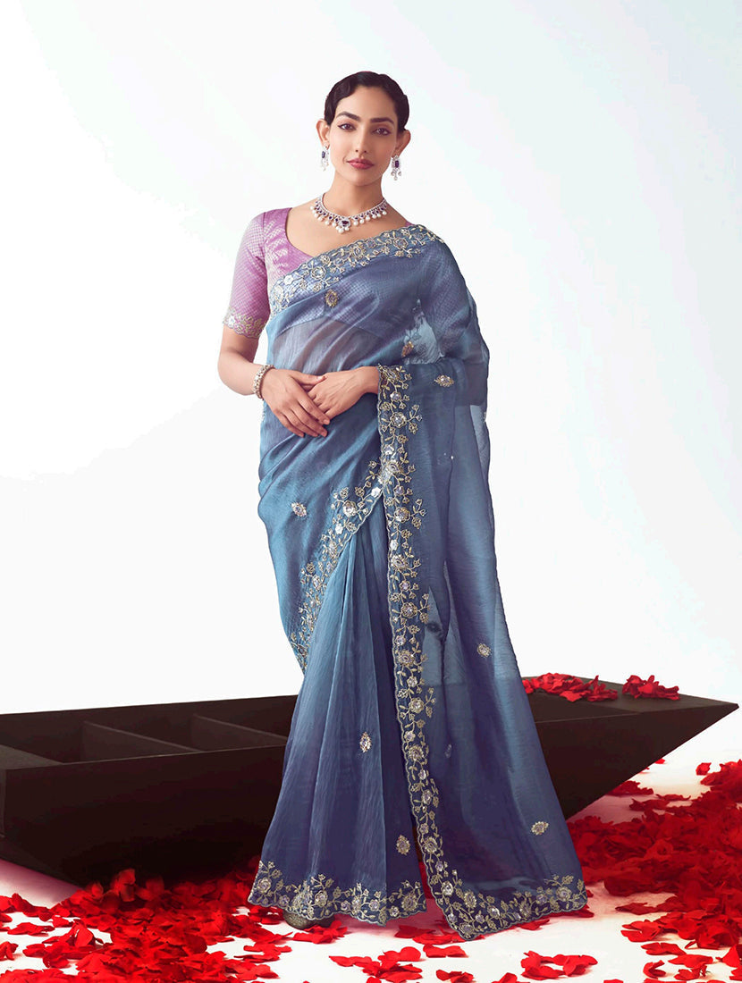 Light indigo ceremonial designer saree with delicate cut-work embroidery