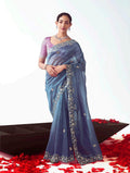 Light indigo ceremonial designer saree with delicate cut-work embroidery