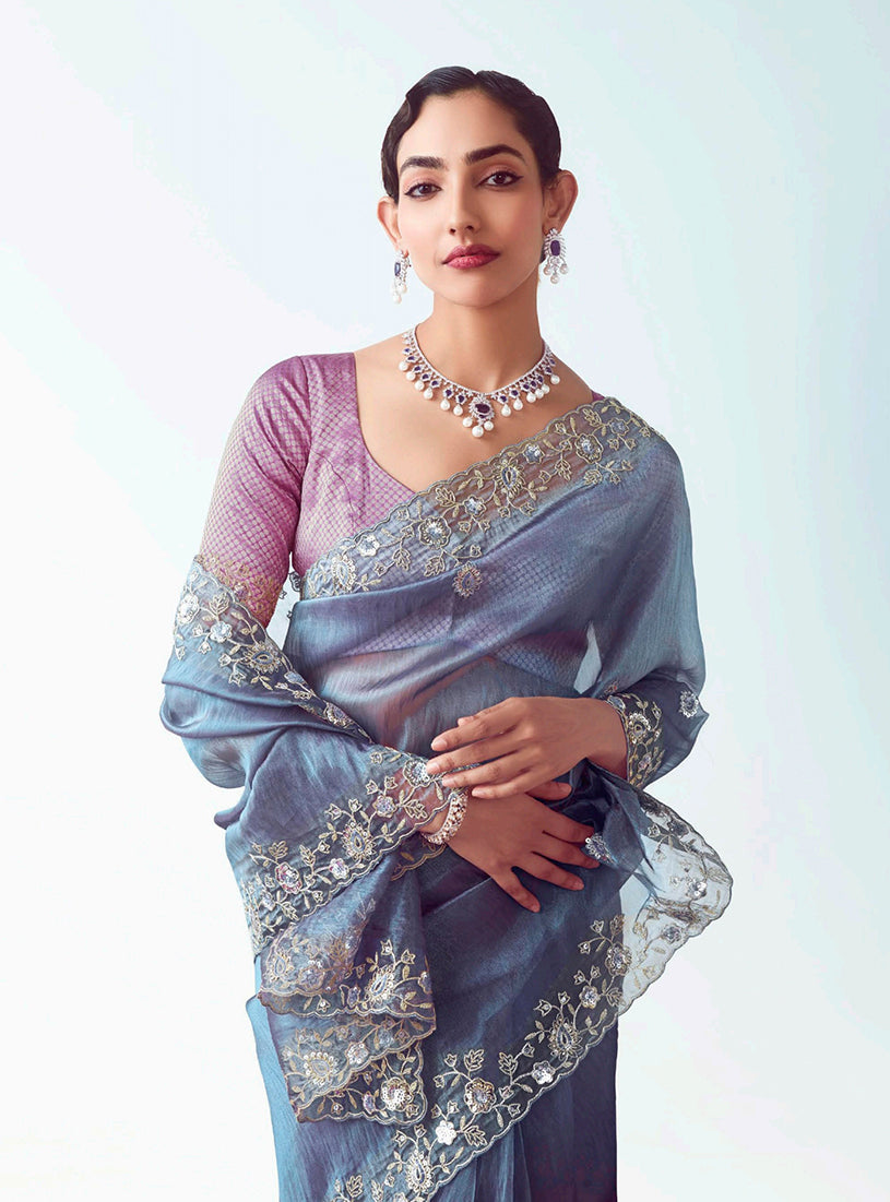 Light Indigo Embroidered Cut Work Saree for Stylish Events