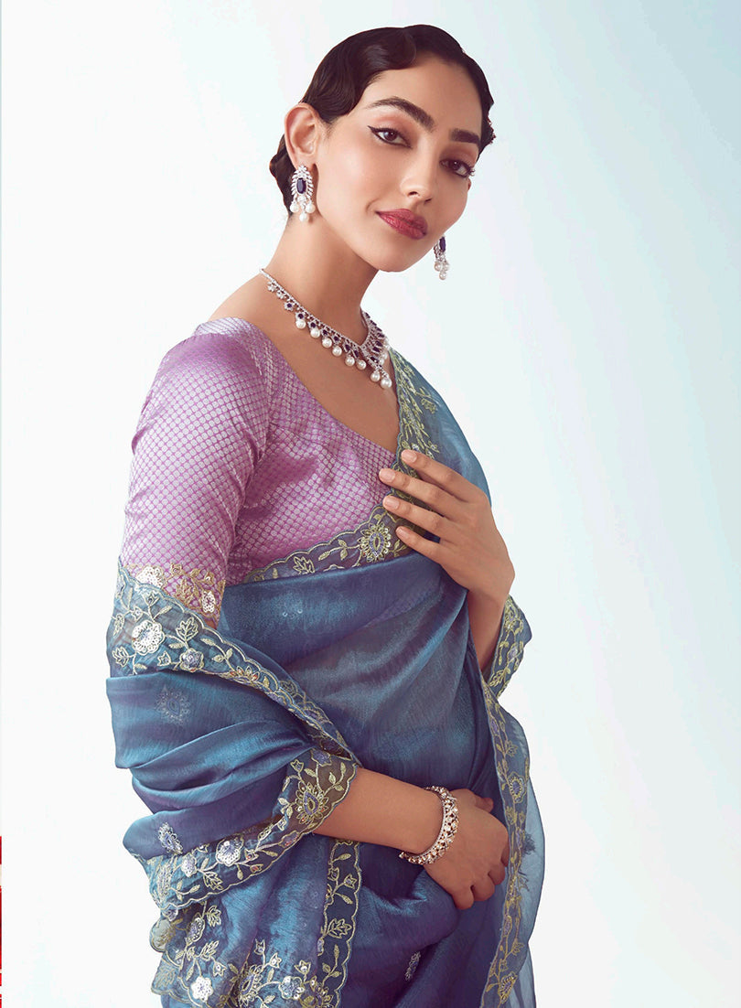 Light Indigo Embroidered Cut Work Saree for Stylish Events