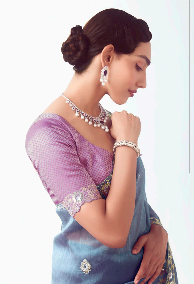 Light Indigo Embroidered Cut Work Saree for Stylish Events