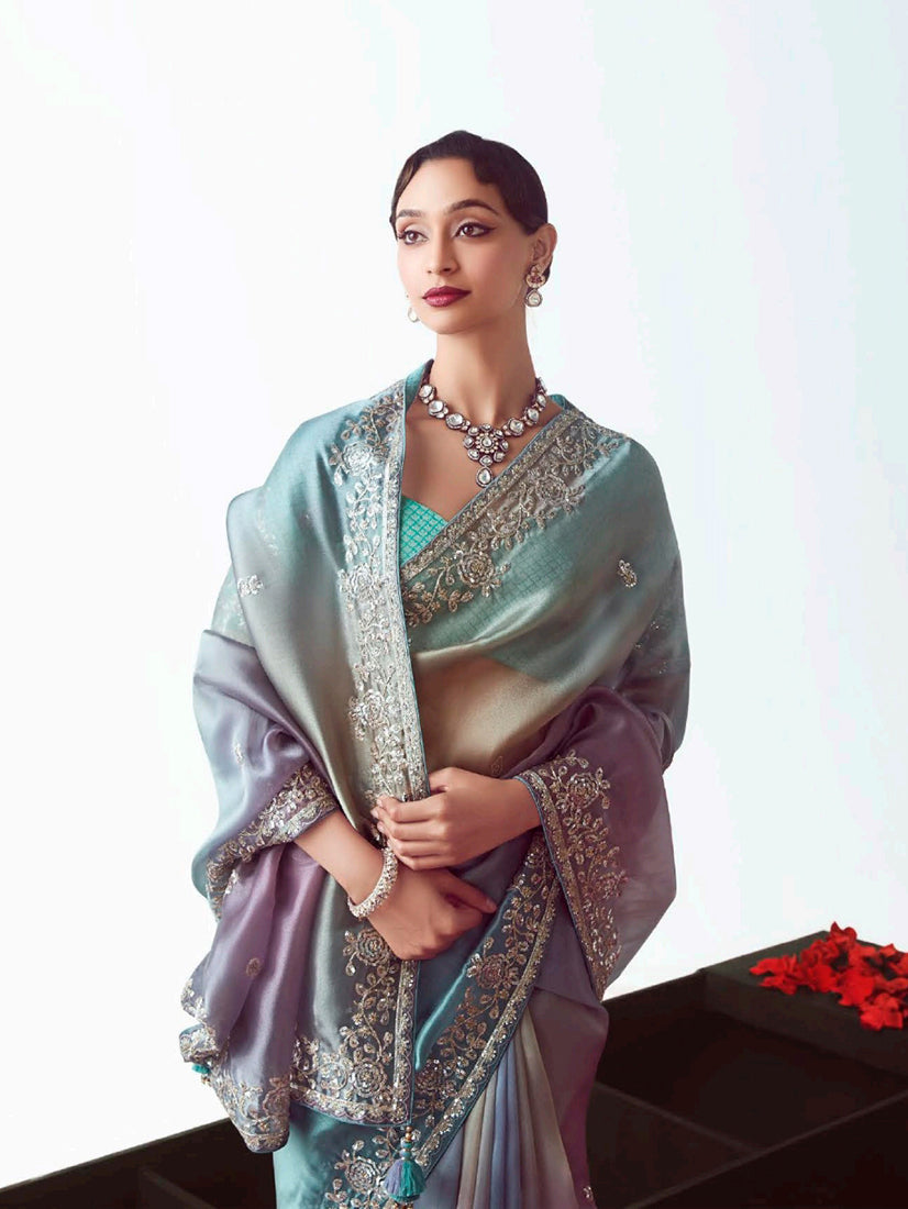 Multi Color Embroidered Cut Work Fancy Fabric Designer Saree