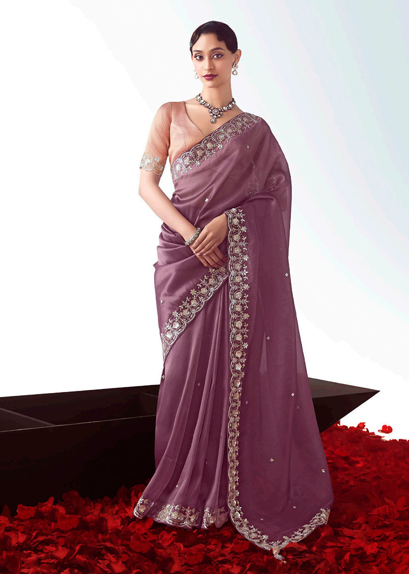 Onion Pink designer saree with detailed cut work embroidery