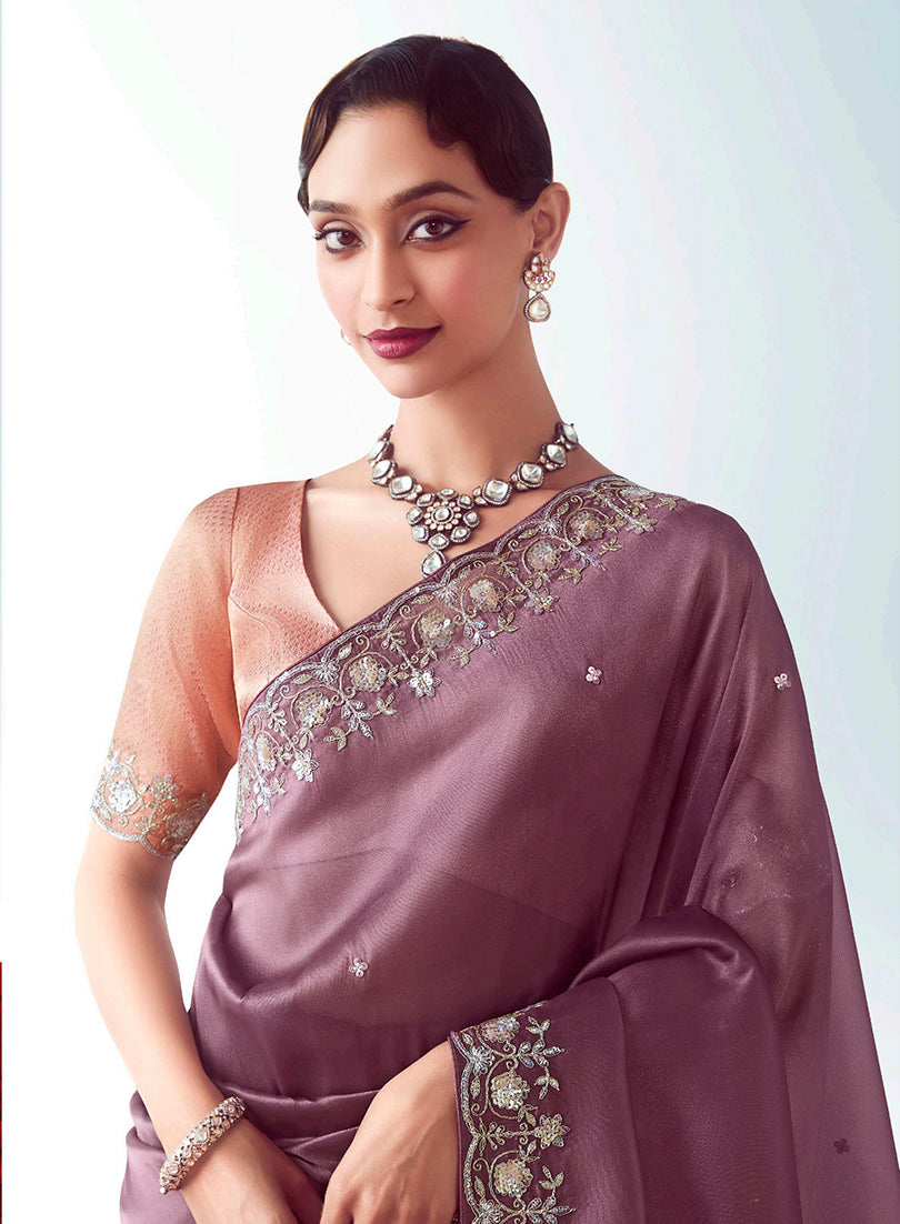Onion Pink Embroidered Cut Work Fancy Fabric Saree
