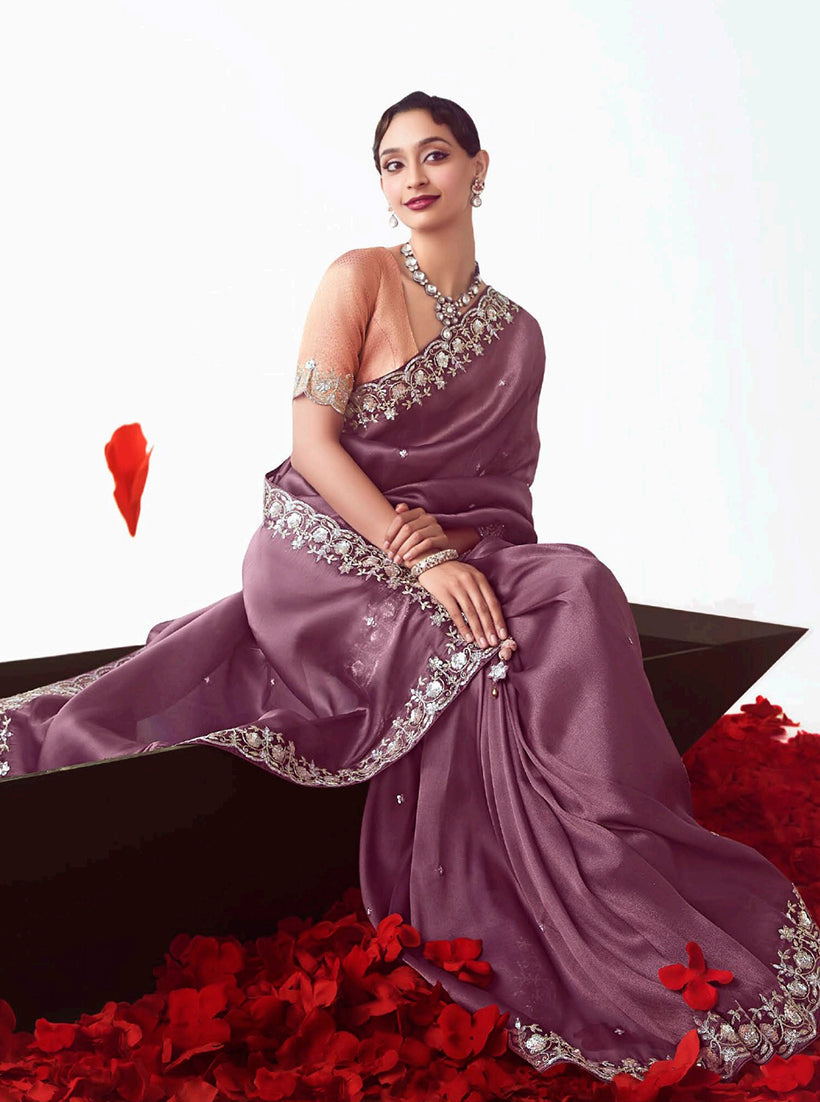 Onion Pink Embroidered Cut Work Fancy Fabric Saree