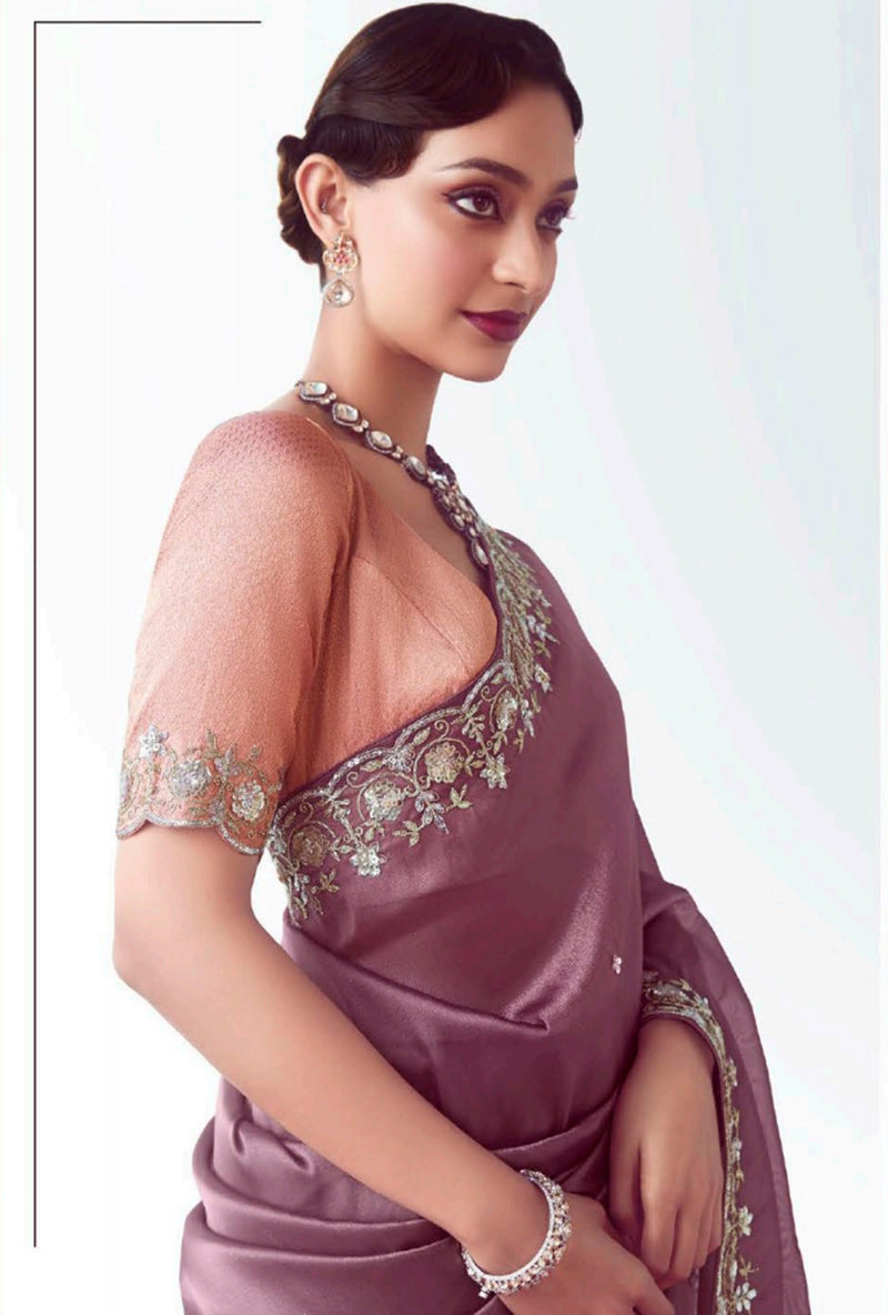 Onion Pink Embroidered Cut Work Fancy Fabric Saree