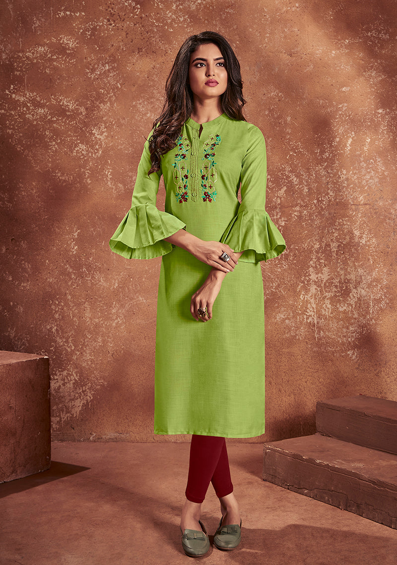 Vibrant green cotton kurti with detailed embroidery