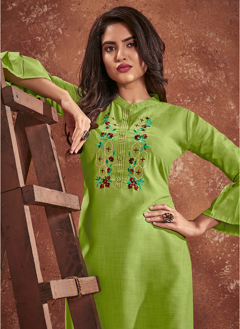Green Embroidered Cotton Kurti for Festive Party Wear