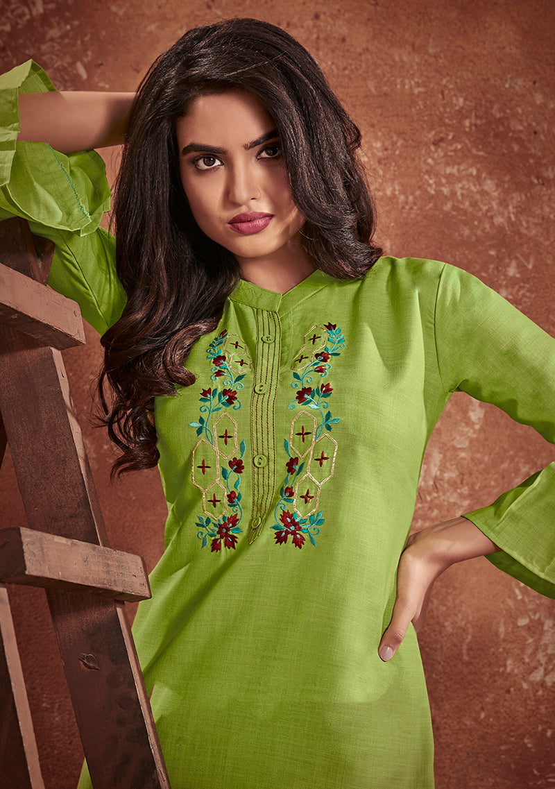 Green Embroidered Cotton Kurti for Festive Party Wear