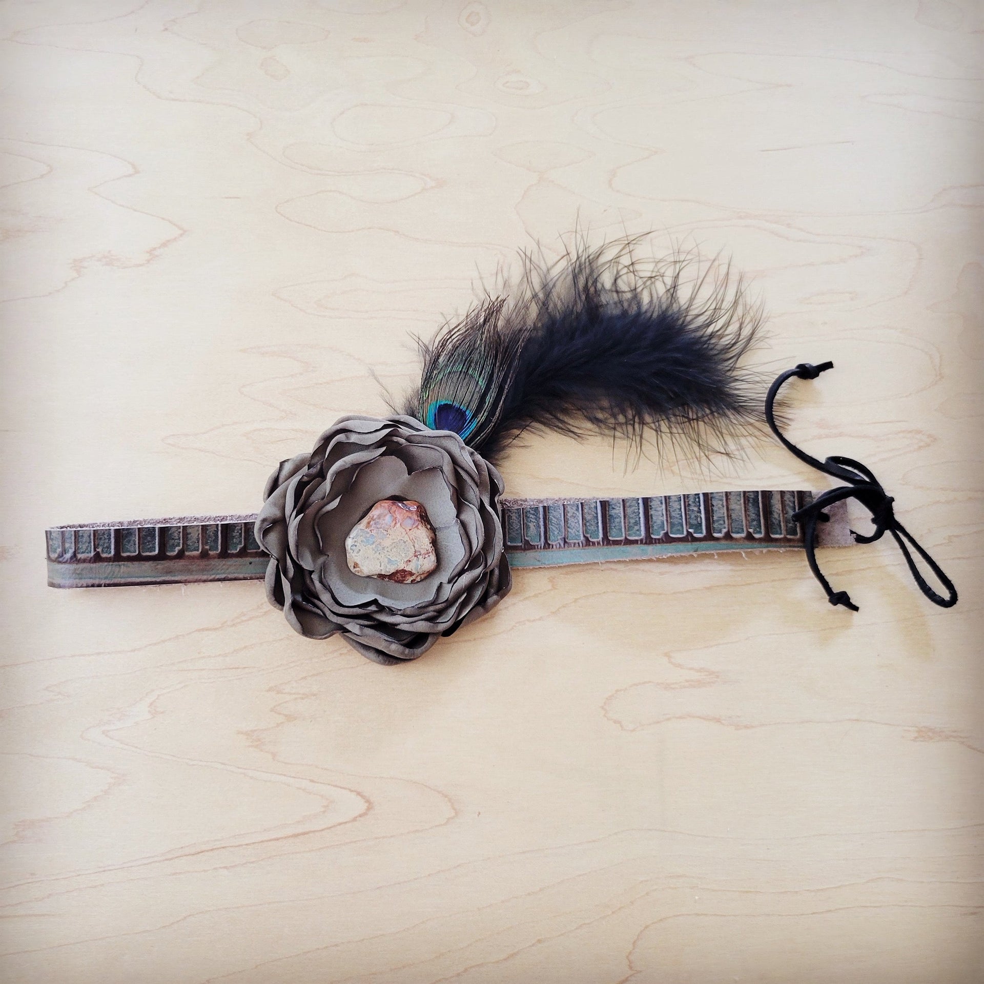 Leather Hat Band w/ Silk Flower & Feathers-Olive (Band Only) 952z