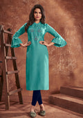 Aqua blue cotton kurti with intricate embroidery for party wear