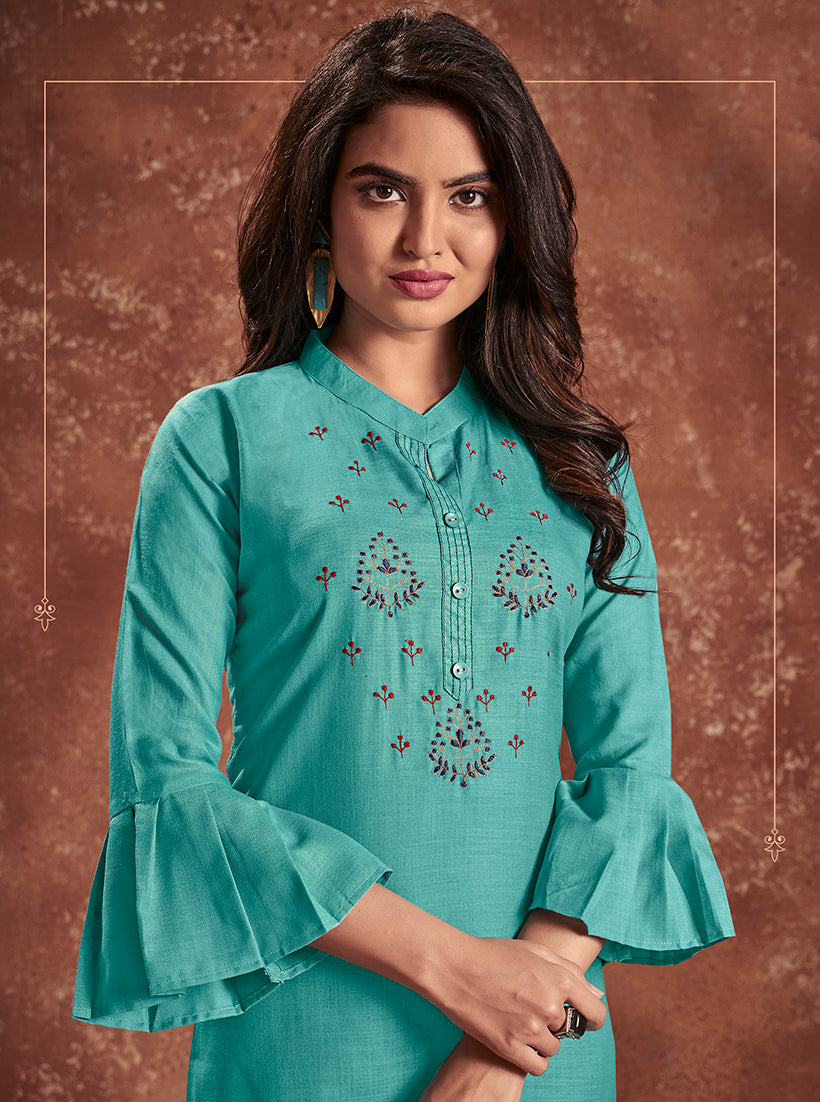 Aqua Blue Cotton Embroidered Party Wear Kurti