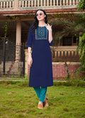 Navy blue cotton kurti with intricate ethnic embroidery for party wear