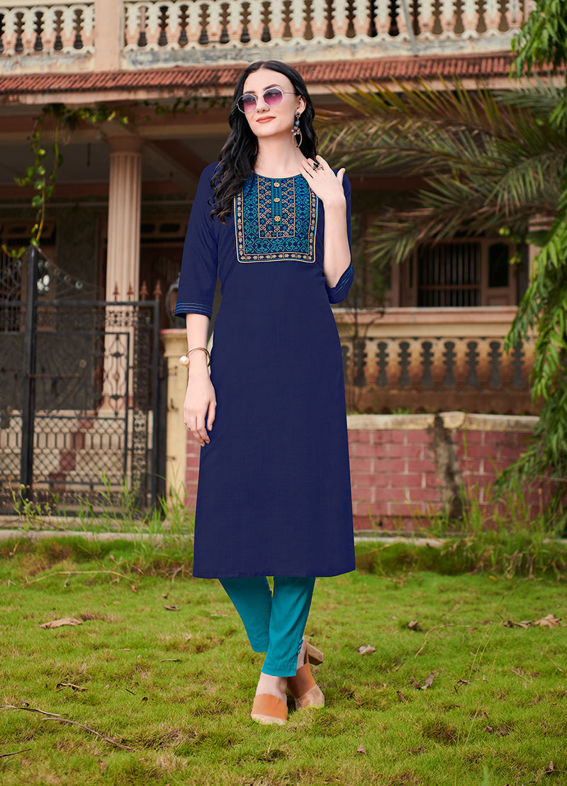 Navy blue cotton kurti with intricate ethnic embroidery for party wear