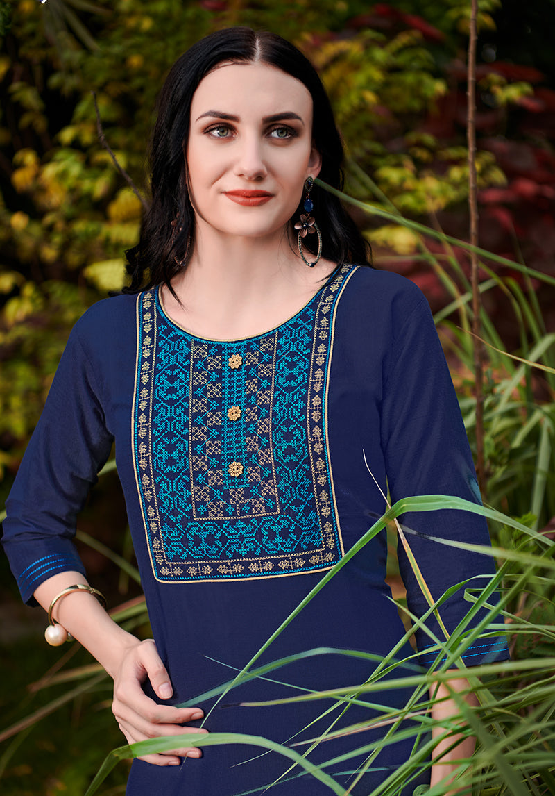 Navy Blue Cotton Embroidered Party Wear Kurti for Women
