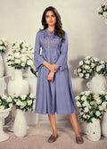 Lightweight lavender rayon maternity kurti with delicate thread embroidery.