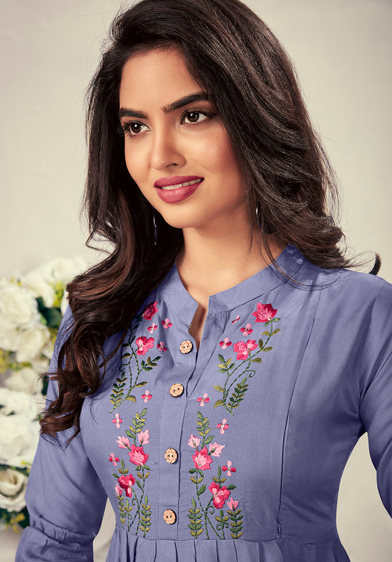 Lavender Rayon Maternity Kurti with Thread Embroidery
