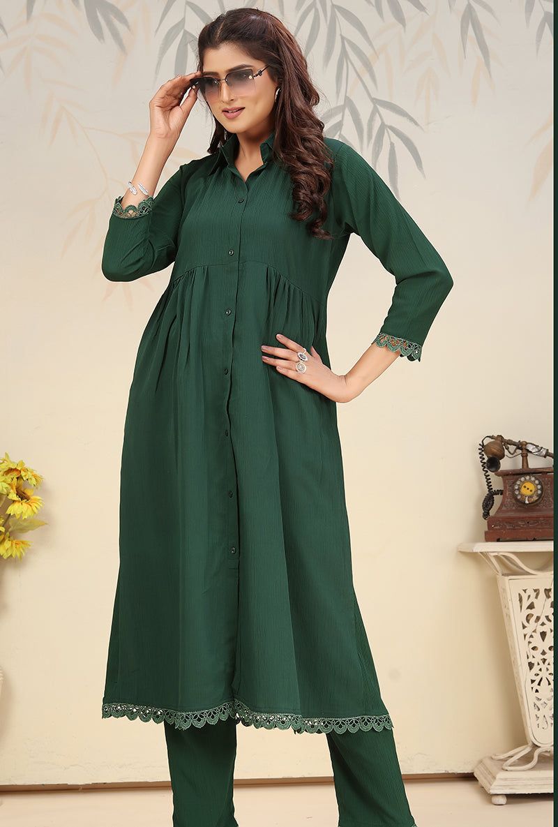 Bottle Green Cotton Co-Ord Set featuring a solid lounge wear design